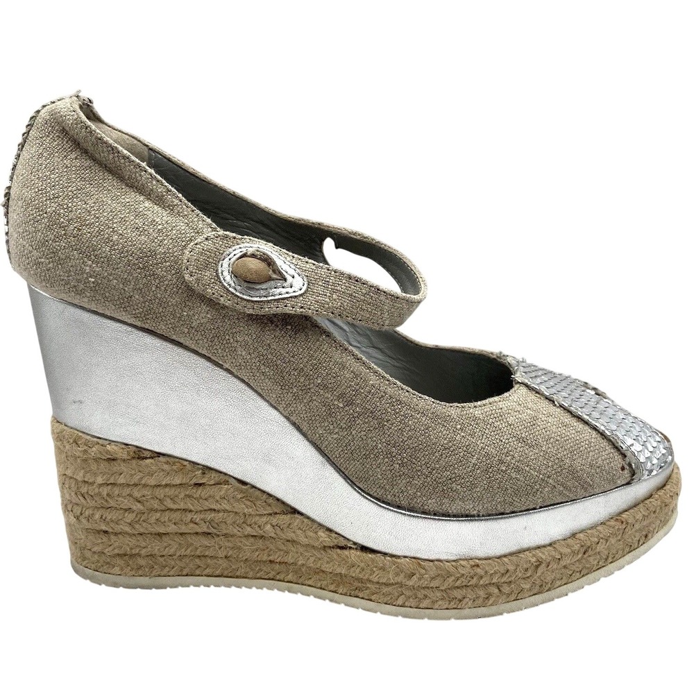 Hogan Mary Jane Espadrille Wedge Heels Peep Toe Beige Silver EU 38 US 7.5